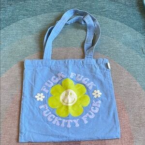 Thinking Out Of Turn Blue Mini Tote Bag with Smiley Flower Design Quote